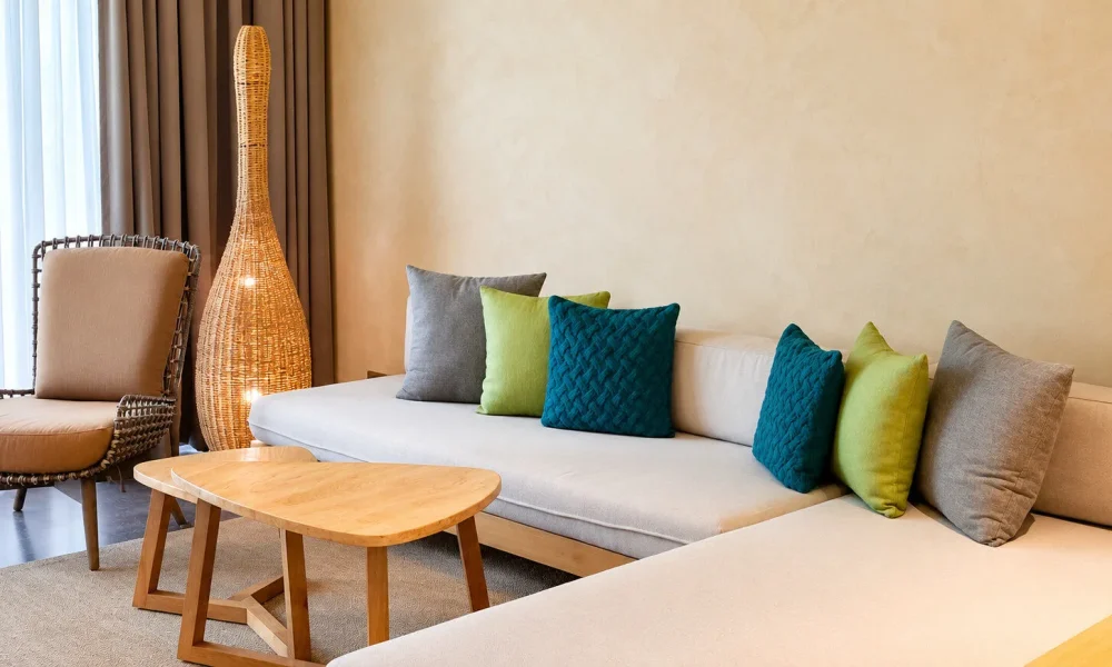 Modern living room with decorative wall finish by Nova Roma, formerly Vasari